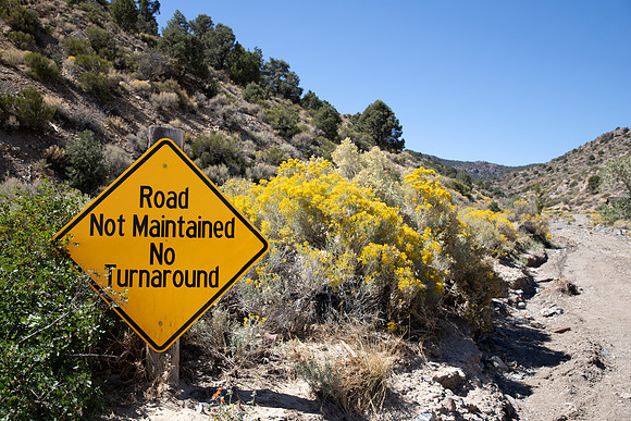 Road Warning Sign on Washed Out Road - Tybo, Nevada (Ghost Town). Eric Thome, 2018