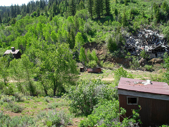 De Lamar, Idaho (Ghost Town) - Schoolhouse (on the Left Side of the Photo), Stamp Mill Ruins (on the Right Side of the Photo) and Shed (in the Foreground). Eric Thome, 2008